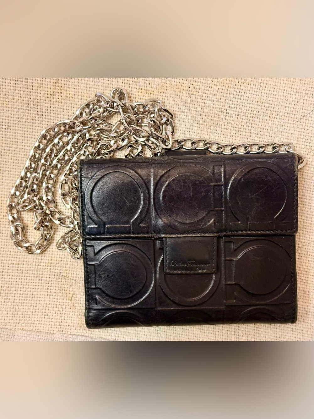 FERRAGAMO Vintage Y2K Black Classic Embossed Monogram Leather Mini W/ Crossbody